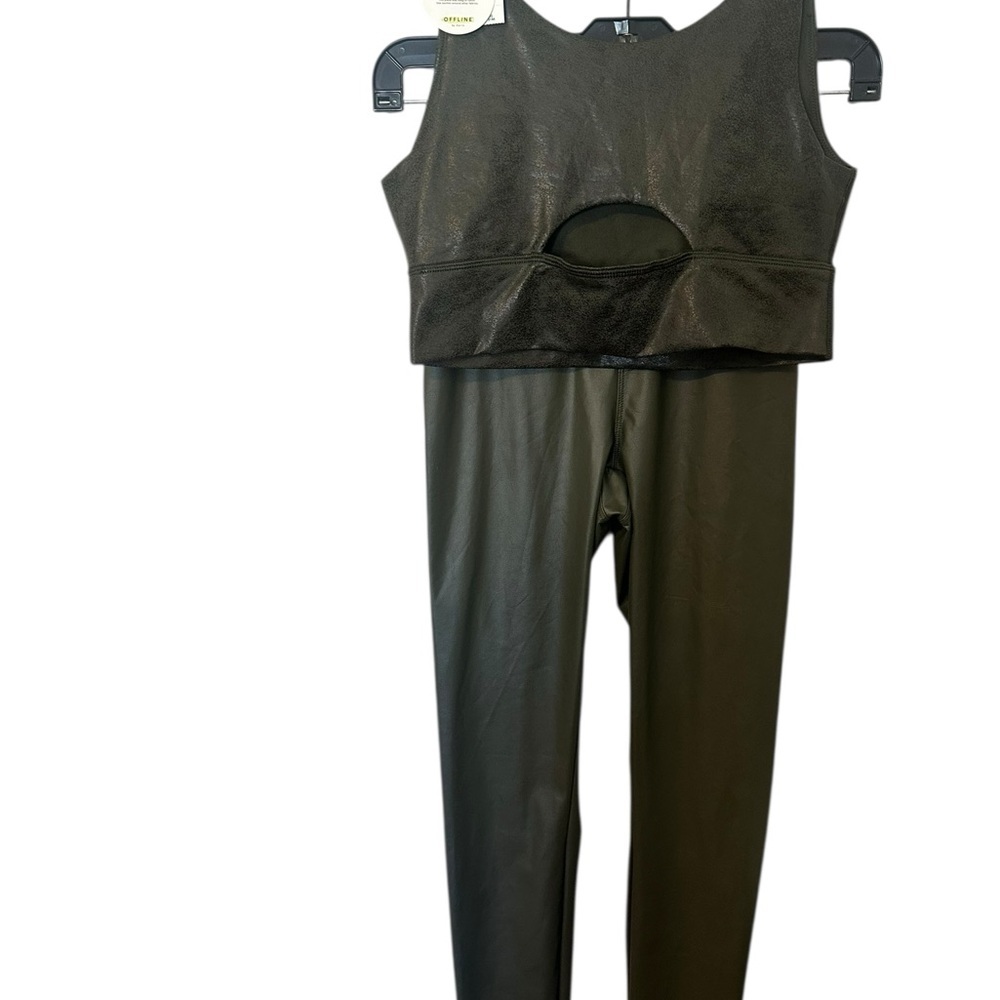 New Offline by Aerie 2 piece dark green leather bra and leggings set xs/s